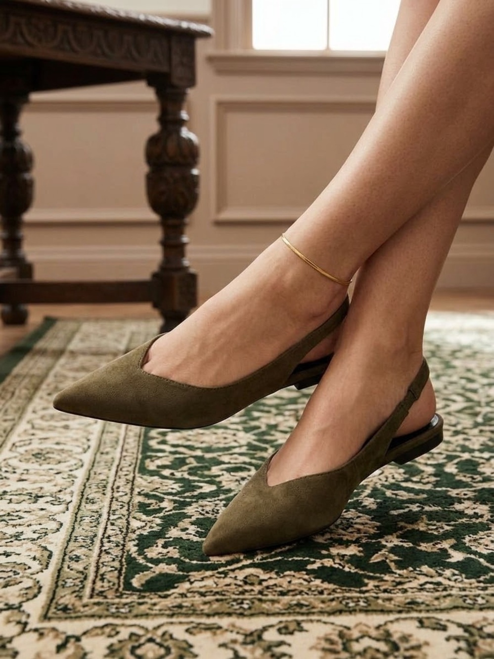 NWT H&M Khaki Green Pointed Slingback Flats Sz 6 / 37